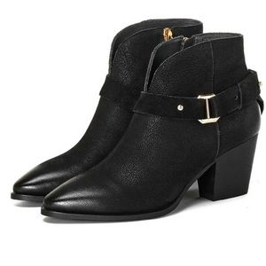 230(1.5)Retro Style Women Buckle Pointed Toe Chunky Block Heel Chelsea Ankle